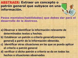 ABSTRAER : Extraer un concepto o patrón general que subyace en una información. Pasos mentales(habilidades) que debes dar para el desarrollo de la destreza. Observar e identificar la información relevante de determinados textos u hechos. Establecer un patrón o criterio general(concepto general) a partir de la información obtenida. identificar otras situaciones en las que se pueda aplicar el criterio o patrón general verificar si dicho patrón o criterio se da en todos los hechos o situaciones observadas 