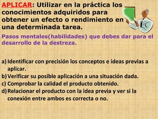 APLICAR : Utilizar en la práctica los conocimientos adquiridos para obtener un efecto o rendimiento en una determinada tarea. Pasos mentales(habilidades) que debes dar para el desarrollo de la destreza. Identificar con precisión los conceptos e ideas previas a aplicar. Verificar su posible aplicación a una situación dada. Comprobar la calidad el producto obtenido. Relacionar el producto con la idea previa y ver si la conexión entre ambos es correcta o no. 