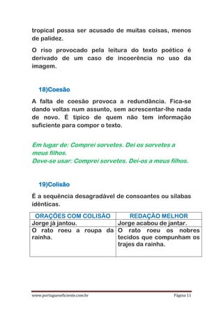 www.portugueseficiente.com.br Página 11
tropical possa ser acusado de muitas coisas, menos
de palidez.
O riso provocado pela leitura do texto poético é
derivado de um caso de incoerência no uso da
imagem.
18)Coesão
A falta de coesão provoca a redundância. Fica-se
dando voltas num assunto, sem acrescentar-lhe nada
de novo. É típico de quem não tem informação
suficiente para compor o texto.
Em lugar de: Comprei sorvetes. Dei os sorvetes a
meus filhos.
Deve-se usar: Comprei sorvetes. Dei-os a meus filhos.
19)Colisão
É a sequência desagradável de consoantes ou sílabas
idênticas.
ORAÇÕES COM COLISÃO REDAÇÃO MELHOR
Jorge já jantou. Jorge acabou de jantar.
O rato roeu a roupa da
rainha.
O rato roeu os nobres
tecidos que compunham os
trajes da rainha.
 