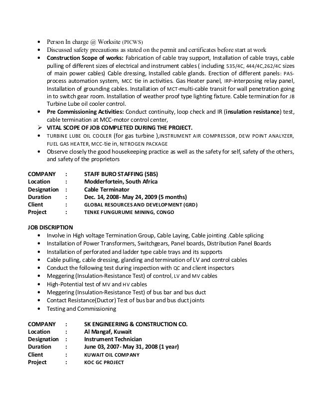 electrical technician electrical scope of works