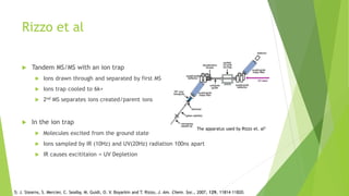 Rizzo et al
 Tandem MS/MS with an ion trap
 Ions drawn through and separated by first MS
 Ions trap cooled to 6k+
 2nd MS separates ions created/parent ions
 In the ion trap
 Molecules excited from the ground state
 Ions sampled by IR (10Hz) and UV(20Hz) radiation 100ns apart
 IR causes excititaion = UV Depletion
The apparatus used by Rizzo et. al5
5; J. Stearns, S. Mercier, C. Seaiby, M. Guidi, O. V. Boyarkin and T. Rizzo, J. Am. Chem. Soc., 2007, 129, 11814–11820.
 