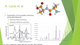 B. Lucas et al
 Examination of the possible conformers of
protonated dialanine
 Numerous likely conformers
 Including unlikely cis conformer
0.0000
50.0000
100.0000
150.0000
200.0000
250.0000
300.0000
350.0000
400.0000
827 888 949 1010 1071 1133 1192 1253 1314 1375 1436 1498 1558 1619 1680 1741
6; B. Lucas, G. Grégoire and J. Lemaire, Phys. Chem. Chem. Phys., 2004, 6, 2659–2663.
Spectra from Lucas et. al6
 