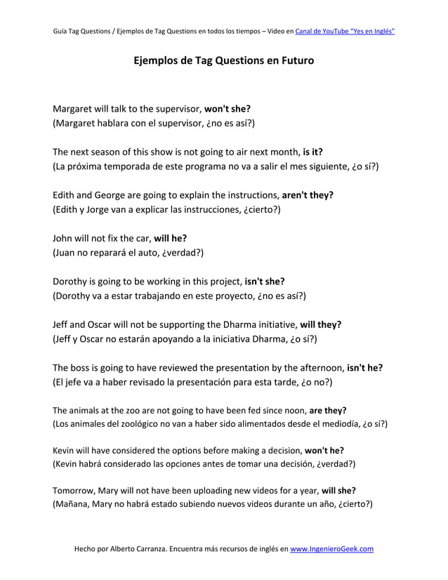 50 ejemplos de tag questions en todos los tiempos verbales