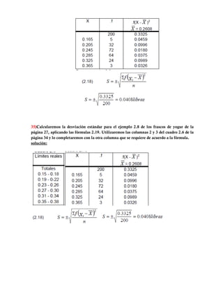 35)Calcularemos la desviación estándar para el ejemplo 2.8 de los frascos de yogur de la
página 27, aplicando las fórmulas 2.19. Utilizaremos las columnas 2 y 3 del cuadro 2.6 de la
página 34 y lo completaremos con la otra columna que se requiere de acuerdo a la fórmula.
solución:
 