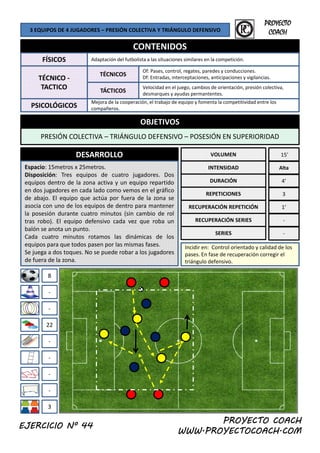 3 EQUIPOS DE 4 JUGADORES – PRESIÓN COLECTIVA Y TRIÁNGULO DEFENSIVO
CONTENIDOS
FÍSICOS Adaptación del futbolista a las situaciones similares en la competición.
f l d d i
PROYECTO
COACH
OBJETIVOS
TÉCNICO ‐
TACTICO
PSICOLÓGICOS
TÁCTICOS
Mejora de la cooperación, el trabajo de equipo y fomenta la competitividad entre los 
compañeros. 
Velocidad en el juego, cambios de orientación, presión colectiva, 
desmarques y ayudas permantentes. 
TÉCNICOS
Of: Pases, control, regates, paredes y conducciones. 
Df: Entradas, interceptaciones, anticipaciones y vigilancias. 
OBJETIVOS
PRESIÓN COLECTIVA – TRIÁNGULO DEFENSIVO – POSESIÓN EN SUPERIORIDAD
DESARROLLO
Espacio: 15metros x 25metros.
Disposición: Tres equipos de cuatro jugadores Dos
VOLUMEN
INTENSIDAD
15’
Alta
Disposición: Tres equipos de cuatro jugadores. Dos
equipos dentro de la zona activa y un equipo repartido
en dos jugadores en cada lado como vemos en el gráfico
de abajo. El equipo que actúa por fuera de la zona se
asocia con uno de los equipos de dentro para mantener
la posesión durante cuatro minutos (sin cambio de rol
tras robo). El equipo defensivo cada vez que roba un
DURACIÓN
REPETICIONES
RECUPERACIÓN REPETICIÓN
RECUPERACIÓN SERIES
4’
3
1’
‐
8
balón se anota un punto.
Cada cuatro minutos rotamos las dinámicas de los
equipos para que todos pasen por las mismas fases.
Se juega a dos toques. No se puede robar a los jugadores
de fuera de la zona.
SERIES
Incidir en:  Control orientado y calidad de los 
pases. En fase de recuperación corregir el 
triángulo defensivo.
‐
‐
22
‐
‐
‐
‐
‐
PROYECTO COACH
WWW.PROYECTOCOACH.COM
3
EJERCICIO Nº 44
 
