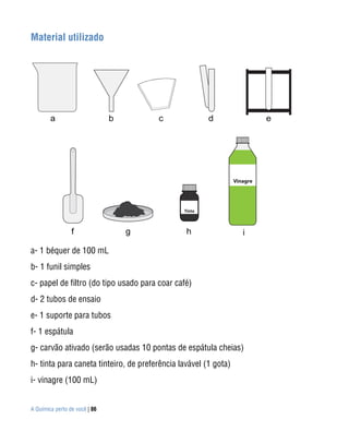 Material utilizado




a- 1 béquer de 100 mL
b- 1 funil simples
c- papel de filtro (do tipo usado para coar café)
d- 2 tubos de ensaio
e- 1 suporte para tubos
f- 1 espátula
g- carvão ativado (serão usadas 10 pontas de espátula cheias)
h- tinta para caneta tinteiro, de preferência lavável (1 gota)
i- vinagre (100 mL)


A Química perto de você | 86
 