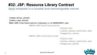 65
#javaland #javaee7
#32: JSF: Resource Library Contract
index-blue.xhtml 
index-red.xhtml 
WEB-INF/lib/contracts-library...