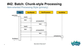 81
#javaland #javaee7
#42: Batch: Chunk-style Processing
Item-oriented Processing Style (primary)
 