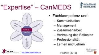 “Expertise” – CanMEDS 
• Fachkompetenz und: 
– Kommunikation 
– Management 
– Zusammenarbeit 
– Vertretung des Patienten 
– Professionalität 
– Lernen und Lehren 
Frühförder- 
http://www.royalcollege.ca/ 
Fischer, (2012) 
 
