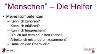 “Menschen” – Die Helfer 
• Meine Kompetenzen 
– Kann ich zuhören? 
– Kann ich erklären? 
– Kann ich fürsprechen? 
– Bin ich auf dem neuesten Stand? 
– Arbeite ich mit anderen zusammen? 
– Habe ich den Überblick? 
 