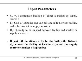 40
Input Parameters
• xn, yn : coordinate location of either a market or supply
source n
• Fn: Cost of shipping one unit for one mile between facility
and either market or supply source n
• Dn: Quantity to be shipped between facility and market or
supply source n
• If (x,y) is the location selected for the facility, the distance
dn between the facility at location (x,y) and the supply
source or market n is given by:
M.S Ramaiah SchoolofAdvanced Studies - Bangalore
 