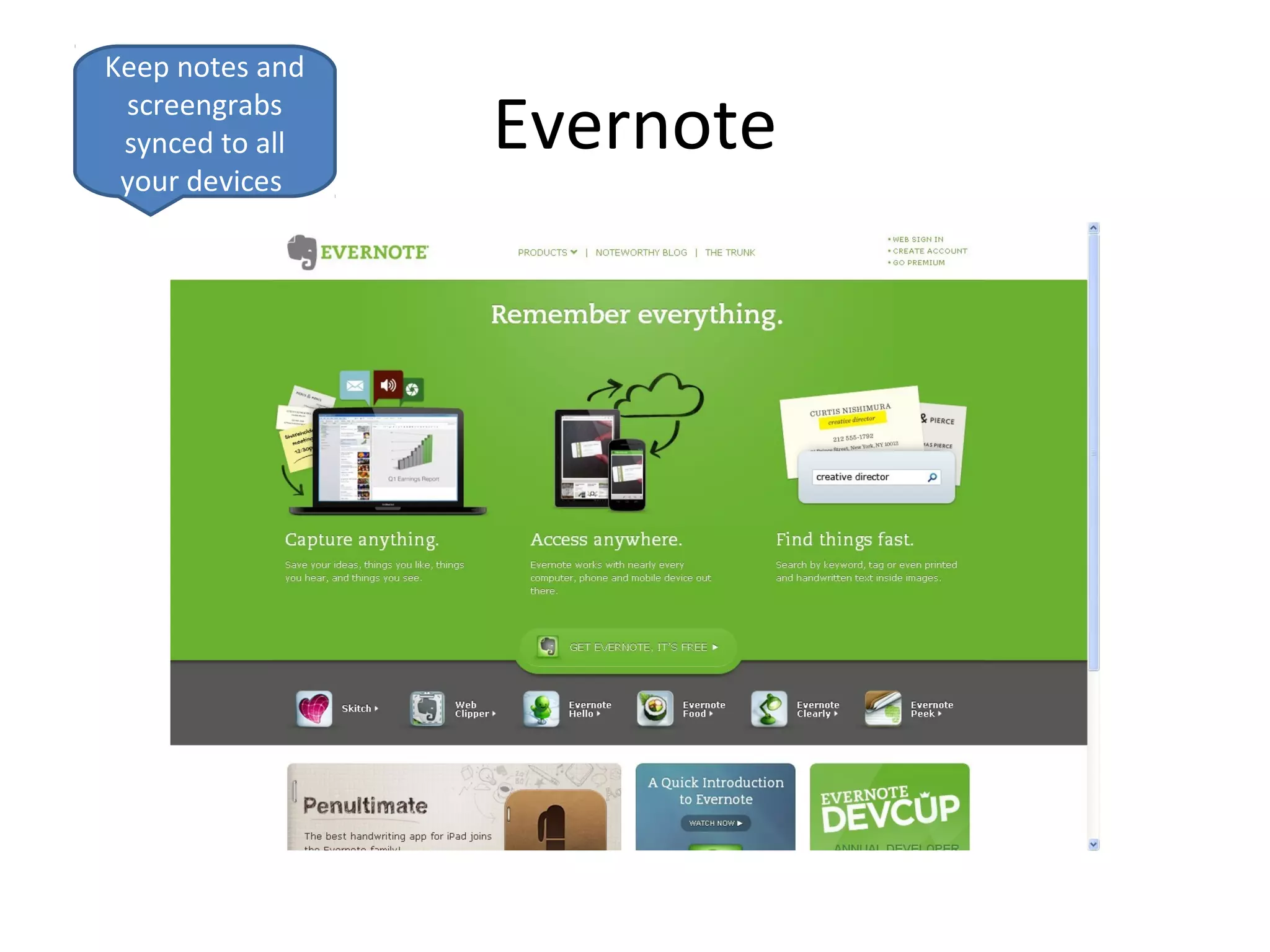 Keep notes and
 screengrabs
 synced to all   Evernote
 your devices
 