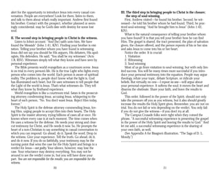 alert for the opportunity to introduce Jesus into every casual con­
versation. People are everywhere! Look for them, listen to them,
and talk to them about what’s really important. Andrew first found
his brother. Contact with the prospect, whether planned or seem­
ingly coincidental, may be God’s date with destiny for some lost
soul.
II. The second step in bringing people to Christ is the witness.
Listen to John’s account: “And [he] saith unto him, We have
found the Messiah” (John 1:41, KJV). Finding your brother is visi­
tation. Telling your brother whom you have found is witnessing.
Jesus did not say you should be His arguers, His debaters, His apol­
ogists, His defenders. He said, “You shall be my witnesses” (Acts
1:8, RSV). Witnesses simply tell what they know and have seen by
personal experience.
The Bible presents world evangelism as a courtroom scene. Jesus
is on trial in every person’s life. He is the true Light who lights every
person who comes into the world. Each person is aware of spiritual
reality. The problem is, people don’t know what the light is. God
has illuminated each heart, but He uses witnesses to tell people that
the Light of the world is Jesus. That’s what witnesses do. They tell
what they know by firsthand experience.
World evangelism is like a courtroom trial. Satan is the prosecut­
ing attorney condemning Jesus, accusing Jesus, whispering to the
heart of each person, “No. You don’t want Jesus. Reject Him today,
forever.”
The Holy Spirit is the defense attorney commending Jesus, lov­
ing Him, urging people to accept Him into their hearts. The Holy
Spirit is the master attorney, trying billions of cases all at once. He
knows where every case is at each moment. The time comes when
He uses a witness for the defense. He needs your strong and clear-
cut testimony for Christ, and He needs it now. So, He prompts the
heart of a non-Christian to say something in casual conversation to
which you can respond. Go ahead, do it. Speak the word. Drop in
the witness. Give your experience. Tell the truth. Go ahead, do it,
and do it now. If you do so faithfully, your testimony may be the
turning point that wins the case for the Holy Spirit and brings in a
verdict for Jesus—not guilty. Your silence, however, may lose the
case. Your reluctance may destroy everything. You may not be
around to see the verdict come in, but you will have done your
part. You are not responsible for the results; you are responsible for the
witness.
20
III. The third step in bringing people to Christ is the closure;
the step of soul-winning.
First, Andrew visited—he found his brother. Second, he wit-
nessed—he told his brother whom he had found. Third, he prac­
ticed soul-winning: “And he brought him to Jesus” (John 1:42,
KJV).
What is the natural consequence of telling your brother whom
you have found? It is that you tell your brother how he can find
Him. The gospel is shared, the tract presented, the plan of salvation
given, the closure offered, and the person repents of his or her sins
and asks Jesus to come into his or her heart.
Notice the order. It is crucial:
1. Visitation
2. Witnessing
3. Soul-winning
Most of us go from visitation to soul-winning, but with only lim­
ited success. You will be many times more successful if you intro­
duce your personal testimony into the equation. People may argue
theology, refute your topic, debate Scripture, or ridicule your
beliefs. But virtually no one—I repeat no one—will argue about
your personal experience. It softens the soul; it moves the heart and
disarms the obstinate. Share your faith, and leave the results to
God.
This order, followed in the power of the Spirit, should not only
take the pressure off you as you witness, but it also should greatly
increase the results the Holy Spirit gives. Remember, you are not on
trial. You do not fail or win depending on the verdict. You only fail
if you do not give the witness—if you don’t try at all.
The Campus Crusade folks were right when they coined the
phrase, “A successful witnessing experience is presenting the gospel
in the power of the Holy Spirit and leaving the results to God.” And
let me add, a successful witnessing experience is the sharing of
your own faith, as well.
(See Appendix A for Bisagno’s illustration, “The Saga of D. L.
Moody.”)
21
 
