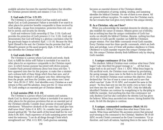 available salvation becomes the essential foundation that identifies
the Christian person’s identity and mission (1 Cor. 3:11).
2. God seals (2 Cor. 1:21-22)
The Christian is a person whom God has sealed and sealed,
thank God, as God’s possession! Failure is inevitable if we search in
other places for protective benefits comparable to those received by
God’s sealing—escape from temptation, protection from evil, com­
fort in sorrow, and security for eternity.
God’s seal evidences God’s ownership (2 Tim. 2:19). God’s seal
provides the protection of God’s presence (1 Cor. 3:16). God’s seal
demonstrates that God will bring to a glorious conclusion what He
has graciously begun in salvation (Eph. 1:13-14). Because the Holy
Spirit Himself is the seal, the Christian has the promise that God
Himself is present on His saved property (Eph. 2:18-22). God’s seal
also identifies the Christian believer!
3. God sends (John 17:18)
The Christian is a person whom God sends and sends, thank
God, to fulfill the divine will! Failure is inevitable if we search in
other places for an experience comparable to the Christian experi­
ence, in which human purpose has joined with divine purpose.
Consider Paul’s personal testimony about how Jesus sent him: “I
have appeared unto thee for this purpose, to make thee a minister
and a witness both of these things which thou hast seen, and of
those things in the which I will appear unto thee; delivering thee
from the people, and from the Gentiles, unto whom now I send
thee” (Acts 26:16-17, KJV). God identifies every Christian as a sent
witness to Him and His salvation. Jesus sent the 12; Jesus sent the
70. God’s sending is an essential part of Christian identity.
4. God sustains (Phil. 4:11-19)
The Christian is a person whom God sustains and sustains,
thank God, by divine provision! Failure is inevitable if we search in
other places for the gracious provisions that are an essential part of
the Christian’s identity. Consider Jesus’ promise of inward spiritual
refreshment: “Whosoever drinketh of the water that I shall give him
shall never thirst” (John 4:14, KJV). Or, consider Jesus’ promise of
inward spiritual life: “He that eateth of this bread shall live for ever”
(John 6:58, KJV). Paul’s experience of God’s sustaining power moti­
vated the testimony: “I can do all things through Christ which
strengtheneth me” (Phil. 4:13, KJV). God’s gracious sustaining
258
becomes an essential element of the Christian’s identity.
This combination of saving, sealing, sending, and sustaining
identifies the biblical Christian. No one of them is ever absent. All
are present without exception. No matter how the Christian reacts,
the fact remains that God gives every believer this unique identity.
II. As a Christian, why am I here?
When you acknowledge the essential elements for identity, you
also establish the nature of mission. Mission grows out of identity.
Just as nothing less than the unique combination of God’s four
works can identify the biblical Christian, likewise, nothing less than
obedience to God’s specific mandate can fulfill the Christian’s
proper mission. Five clear Bible commands reveal God’s mandate.
Every Christian must face these specific commands, which are both
duty and privilege. Love of Christ will produce obedience to Christ.
Obedience to God’s mandate requires this unique Christian iden­
tity; this unique Christian identity finds fulfillment only by obeying
God’s mandate.
1. A unique continuance (2 Cor. 5:20)
The obedient, biblical Christian must continue what Jesus Christ
began! Luke described his gospel message as “. . . all that Jesus
began both to do and teach” (Acts 1:1, KJV). What Jesus began by
His sacrificial work, the Christian must continue by proclaiming
the saving message. Jesus came in the flesh to do God’s will (Heb.
10:7); the obedient Christian must continue this objective. Jesus
declared that “the Son of man is come to seek and to save that
which was lost” (Luke 19:10, KJV), and revealed the same in His
prayer: “As thou hast sent me into the world, even so have I also
sent them into the world” (John 17:18, KJV). Only the biblically
identified Christian can continue by evangelizing or by discipling to
fulfill the mandate. And anything less than this continuance not
only disobeys God but also contradicts the identity God has given
the believer. When Jesus ascended into heaven, having finished His
work, He left His disciples to continue.
2. A unique, commanded continuance (Mark 16:15)
The obedient, biblical Christian does what Jesus Christ com­
mands. What Jesus said before His ascension proves that personal
soul-winning is His command to the Christian. Matthew 28:19-20
(KJV) records Christ’s command as the Great Commission: “Go ye
therefore, and teach all nations, baptizing them in the name of the
259
 