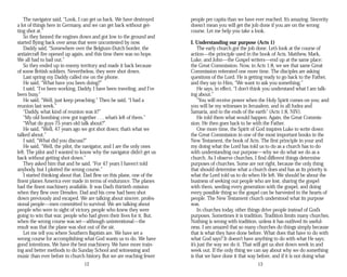The navigator said, “Look, I can get us back. We have destroyed
a lot of things here in Germany, and we can get back without get­
ting shot at.”
So they fanned the engines down and got low to the ground and
started flying back over areas that were uncontested by now.
Daddy said, “Somewhere over the Belgium-Dutch border, the
antiaircraft fire opened up again, and this time there was no hope.
We all had to bail out.”
So they ended up in enemy territory and made it back because
of some British soldiers. Nevertheless, they were shot down.
Last spring my Daddy called me on the phone.
He said, “What have you been doing?”
I said, “I’ve been working, Daddy. I have been traveling, and I’ve
been busy.”
He said, “Well, just keep preaching.” Then he said, “I had a
reunion last week.”
“Daddy, what kind of reunion was it?”
“My old bombing crew got together . . . what’s left of them.”
“What do guys 75 years old talk about?”
He said, “Well, 47 years ago we got shot down; that’s what we
talked about.”
I said, “What did you discuss?”
He said, “Well, the pilot, the navigator, and I are the only ones
left. The pilot and I wanted to know why the navigator didn’t get us
back without getting shot down.”
They asked him that and he said, “For 47 years I haven’t told
anybody, but I plotted the wrong course.”
I started thinking about that. Dad flew on this plane, one of the
finest planes America ever made in terms of endurance. The planes
had the finest machinery available. It was Dad’s thirtieth mission
when they flew over Dresden. Dad and his crew had been shot
down previously and escaped. We are talking about sincere, profes­
sional people—men committed to survival. We are talking about
people who were in sight of victory, people who knew they were
going to win that war, people who had given their lives for it. But,
when the wrong course was set—although unintentional—the
result was that the plane was shot out of the air.
Let me tell you where Southern Baptists are. We have set a
wrong course for accomplishing what God wants us to do. We have
good intentions. We have the best machinery. We have more train­
ing and better methods to do Sunday School and witnessing and
music than ever before in church history. But we are reaching fewer
12
people per capita than we have ever reached. It’s amazing. Sincerity
doesn’t mean you will get the job done if you are on the wrong
course. Let me help you take a look.
I. Understanding our purpose (Acts 1)
The early church got the job done. Let’s look at the course of
action—the principle used in the book of Acts. Matthew, Mark,
Luke, and John—the Gospel writers—end up at the same place:
the Great Commission. Now, in Acts 1:8, we see that same Great
Commission reiterated one more time. The disciples are asking
questions of the Lord. He is getting ready to go back to the Father,
and they say to Him, “We want to ask you something.”
He says, in effect, “I don’t think you understand what I am talk­
ing about.”
“You will receive power when the Holy Spirit comes on you; and
you will be my witnesses in Jerusalem, and in all Judea and
Samaria, and to the ends of the earth” (Acts 1:8, NIV).
He told them what would happen. Again, the Great Commis­
sion. He then goes back to be with the Father.
One more time, the Spirit of God inspires Luke to write down
the Great Commission in one of the most important books in the
New Testament, the book of Acts. The first principle in your and
my doing what the Lord has told us to do as a church has to do
with understanding our purpose—why we do what we do as a
church. As I observe churches, I find different things determine
purposes of churches. Some are not right, because the only thing
that should determine what a church does and has as its priority is
what the Lord told us to do when He left. We should be about the
business of seeking out people who are lost, sharing the gospel
with them, seeding every generation with the gospel, and doing
every possible thing so the gospel can be harvested in the hearts of
people. The New Testament church understood what its purpose
was.
In churches today, other things drive people instead of God’s
purposes. Sometimes it is tradition. Tradition limits many churches.
Nothing is wrong with tradition, unless it has outlived its useful­
ness. I am amazed that so many churches do things simply because
that is what they have done before. What does that have to do with
what God says? It doesn’t have anything to do with what He says;
it’s just the way we do it. That will get us shot down week in and
week out. If the only thing we can say about why we do something
is that we have done it that way before, and if it is not doing what
13
 