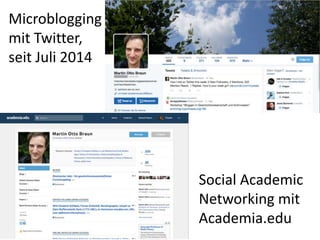 Microblogging 
mit Twitter, 
seit Juli 2014 
Social Academic 
Networking mit 
Academia.edu 
 