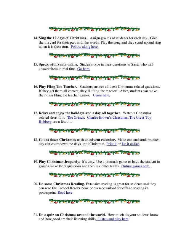 50 holiday activities for the english language classroom 12 days of christmas song words