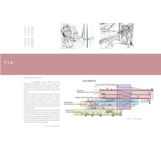 114
MEMORIA DE PROYECTO
El proyecto nace desde un Plan
Maestro que permite reforzar una relación de
miradas y recorridos que revitalizan los intersti-
cios entre el pie de cerro y el borde mar, recu-
perando esta cualidad transversal histórica del
barrio.
Idea de proyecto Construir el encuentro entre el
visitante y residente en el barrio histórico, géne-
sis de la ciudad. Creando una relación Cerro-
Plan no como un puente si no como una célula
viva que gestiona el intercambio, a través, de
tiempos verticales construidos por las terrazas
constituyéndose como una pieza urbana a es-
cala de barrio.
El programa comprende un fin principal: Hostal
y otro secundario: el comercial con directa re-
lación con calle Serrano creando una extensión
de su espacio público estableciéndose como
plazoleta aterrazada que posibilita la acogida
de actos públicos propios de las avenidas pea-
tonales como artistas callejeros.
EXTRACTO MEMORIA
CROQUIS DE PROYECTO
CORTE + PROGRAMA
1980-1989
1990-1999
2000-2010
 