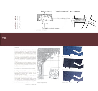 28
PLANTA N°1
PLANTA NIVEL + 5.00PLANTA DE UBICACION
CORTES DE PROYECTO
MEMORIA
La elección del tema nos hace reflexionar
acerca de que es lo que lo que la Escuela de
Música quiere ser hoy. El sentido que la universi-
dad quiere dar al conocimiento musical, como
campo de estudio, conduce a la formación de
interpretes en instrumentos y canto con forma-
ción básica y preuniversitaria, formando así pro-
fesionales universitarios en la región y evitando
la natural inmigración de instrumentistas a la
capital.
La escuela es entonces un lugar de intercam-
bio especializado del conocimiento musical,
donde concurren estudiantes, profesores y la
ciudad como auditora.
En cuanto a su capacidad de hacer ciudad.
Se entrega a la ciudad, un lugar compartido
entre el usuario y el peatón, creando así una
identidad a un soporte de la ciudad, hacién-
dola reconocible por todos.
Se logra vincular la actividad musical a la ciu-
dad, haciéndola esta como auditora.
Se construye la esquina interior de A. Martínez
con Blanco, con un parámetro de diseño que
nos permite leer mejor las relaciones longitudi-
nales, transversales y de edificio.
EXTRACTO DE MEMORIA
PLANTA NIVEL + 15.50
PLANTA NIVEL + 12.00
1980-1989
1990-1999
2000-2010
 