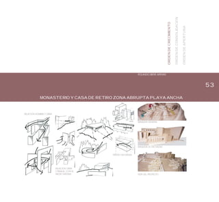53
MONASTERIO Y CASA DE RETIRO ZONA ABRUPTA PLAYA ANCHA
ROLANDO BIERE ARENAS
RELACION HOMBRE Y OBRA
RELACION OBRA
Y PAISAJE, CON EL
MEDIO NATURAL
DISEÑO FACHADAS
MAQUETA DE FACHADAS
MAQUETA GENERAL
VISTA DEL PROYECTO
ORDENDECRECIMIENTO
ORDENDECONSOLIDACION
ORDENDEAPERTURA
 