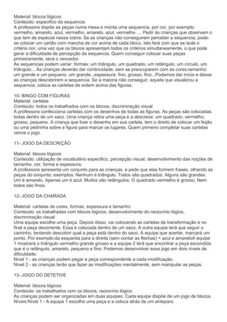 Material: blocos lógicos
Conteúdo: especifico da sequencia
A professora dispõe as peças numa mesa e monta uma sequencia, por cor, por exemplo:
vermelho, amarelo, azul, vermelho, amarelo, azul, vermelho .... Pedir às crianças que observem o
que tem de especial nessa cobra. Se as crianças não conseguirem perceber a sequencia, pode-
se colocar um cartão com mancha de cor acima de cada bloco. Isto fará com que se isole o
critério cor, uma vez que os blocos apresentam todos os critérios simultaneamente, o que pode
gerar a dificuldade de percepção da sequencia. Quem conseguir colocar suas peças
primeiramente, será o vencedor.
As sequencias podem variar: formas: um triângulo, um quadrado, um retângulo, um círculo, um
triângulo... As crianças deverão dar continuidade, sem se preocuparem com as cores.tamanho:
um grande e um pequeno, um grande...espessura: fino, grosso, fino...Podemos dar início e deixar
as crianças descobrirem a sequencia. Se a maioria não conseguir, aquela que visualizou a
sequencia, coloca as cartelas de ordem acima das figuras.
10- BINGO COM FIGURAS
Material: cartelas
Conteúdo: todos os trabalhados com os blocos, discriminação visual
A professora confecciona cartelas com os desenhos de todas as figuras. As peças são colocadas
todas dentro de um saco. Uma criança retira uma peça e a descreve: um quadrado, vermelho,
grosso, pequeno. A criança que tiver o desenho em sua cartela, tem o direito de colocar um feijão
ou uma pedrinha sobre a figura para marcar os lugares. Quem primeiro completar suas cartelas
vence o jogo.
11- JOGO DA DESCRIÇÃO
Material: blocos lógicos
Conteúdo: utilização de vocabulário especifico, percepção visual, desenvolvimento das noções de
tamanho, cor, forma e espessura.
A professora apresenta um conjunto para as crianças, e pede que elas formem frases, olhando as
peças do conjunto; exemplos: Nenhum é triângulo. Todos são quadrados. Alguns são grandes.
Um é amarelo. Apenas um é azul. Muitos são retângulos. O quadrado vermelho é grosso. Nem
todos são finos.
12- JOGO DA CHARADA
Material: cartelas de cores, formas, espessura e tamanho
Conteúdo: os trabalhadas com blocos lógicos, desenvolvimento do raciocínio lógico,
discriminação visual
Uma equipe escolhe uma peça. Depois disso, vai colocando as cartelas de transformação e no
final a peça decorrente. Essa é colocada dentro de um saco. A outra equipe terá que seguir o
caminho, tentando descobrir qual a peça está dentro do saco. A equipe que acertar, marcará um
ponto. Por exemplo:da esquerda para a direita (sem contar as flechas) = azul e amareloA equipe
1 mostrará o triângulo vermelho grande grosso e a equipe 2 terá que encontrar a peça escondida
que é o retângulo, amarelo, pequeno e fino. Podemos desenvolver esse jogo em dois níveis de
dificuldade:
Nível 1 - as crianças podem pegar a peça correspondente a cada modificação.
Nível 2 - as crianças terão que fazer as modificações mentalmente, sem manipular as peças.
13- JOGO DO DETETIVE
Material: blocos lógicos
Conteúdo: os trabalhados com os blocos, raciocínio lógico
As crianças podem ser organizadas em duas equipes. Cada equipe dispõe de um jogo de blocos.
Níveis:Nível 1 - A equipe 1 escolhe uma peça e a coloca atrás de um anteparo.
 