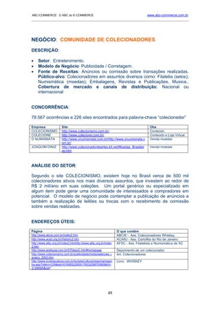 ABC-COMMERCE: O ABC do E-COMMERCE                                                    www.abc-commerce.com.br
_____________________________________________________________________________________




NEGÓCIO: COMUNIDADE DE COLECIONADORES
DESCRIÇÃO:

•    Setor: Entretenimento.
•    Modelo de Negócio: Publicidade / Corretagem.
•    Fonte de Receitas: Anúncios ou comissão sobre transações realizadas.
     Público-alvo: Colecionadores em assuntos diversos como: Filatelia (selos);
     Numismática (moedas); Embalagens, Revistas e Publicações, Musica..
     Cobertura de mercado e canais de distribuição: Nacional ou
     internacional


CONCORRÊNCIA:

78.567 ocorrências e 226 sites encontrados para palavra-chave “colecionador”

Empresa                Site                                                            Obs
COLECIONISMO           http://www.colecionismo.com.br/                                 Conteúdo
COLECIONE              http://www.colecione.com.br/                                    Conteúdo e Loja Virtual
O NUMISMATA            http://www.onumismata.com.br/http://www.onumismata.c            Venda moedas
                       om.br/
JOAQUIM DINIZ          http://www.colecionadordeartes.kit.net/Moedas_Brasileir         Venda moedas
                       as.htm



ANÁLISE DO SETOR:

Segundo o site COLECIONISMO, existem hoje no Brasil cerca de 500 mil
colecionadores ativos nos mais diversos assuntos, que investem ao redor de
R$ 2 mil/ano em suas coleções. Um portal genérico ou especializado em
algum item pode gerar uma comunidade de interessados e compradores em
potencial. O modelo de negócio pode contemplar a publicação de anúncios e
também a realização de leilões ou trocas com o recebimento de comissão
sobre vendas realizadas.


ENDEREÇOS ÚTEIS:

Página                                                            O que contém
http://www.abcw.com.br/index2.htm                                 ABCW - Ass. Colecionadores Whiskey
http://www.acarj.org.br/Historic2.htm                             ACARJ - Ass. Cartofilia do Rio de Janeiro
http://www.afsc.org.br/index2.htmhttp://www.afsc.org.br/index     AFSC - Ass. Filatelista e Numismática de SC
2.htm
http://www.areliquia.com.br/57DepoC.htm#homepage                  Depoimento de um colecionador
http://www.colecionismo.com.br/publicidade/midia/selecoes_j       Art. Colecionadores
aneiro_2003.htm
http://www.livrariacultura.com.br/scripts/cultura/resenha/resen   Livro: WHISKEY
ha.asp?nitem=239&sid=0185652265917653228979360&k5=
3139A6A&uid=




                                                           48
 