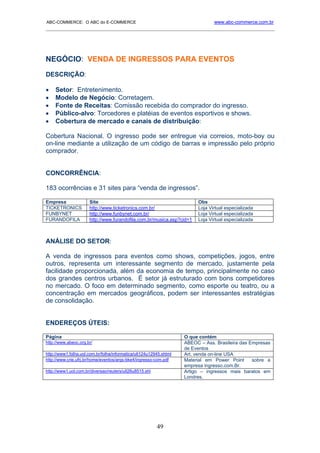 ABC-COMMERCE: O ABC do E-COMMERCE                                               www.abc-commerce.com.br
_____________________________________________________________________________________




NEGÓCIO: VENDA DE INGRESSOS PARA EVENTOS
DESCRIÇÃO:

•    Setor: Entretenimento.
•    Modelo de Negócio: Corretagem.
•    Fonte de Receitas: Comissão recebida do comprador do ingresso.
•    Público-alvo: Torcedores e platéias de eventos esportivos e shows.
•    Cobertura de mercado e canais de distribuição:

Cobertura Nacional. O ingresso pode ser entregue via correios, moto-boy ou
on-line mediante a utilização de um código de barras e impressão pelo próprio
comprador.


CONCORRÊNCIA:

183 ocorrências e 31 sites para “venda de ingressos”.

Empresa               Site                                               Obs
TICKETRONICS          http://www.ticketronics.com.br/                    Loja Virtual especializada
FUNBYNET              http://www.funbynet.com.br/                        Loja Virtual especializada
FURANDOFILA           http://www.furandofila.com.br/musica.asp?cid=1     Loja Virtual especializada



ANÁLISE DO SETOR:

A venda de ingressos para eventos como shows, competições, jogos, entre
outros, representa um interessante segmento de mercado, justamente pela
facilidade proporcionada, além da economia de tempo, principalmente no caso
dos grandes centros urbanos. É setor já estruturado com bons competidores
no mercado. O foco em determinado segmento, como esporte ou teatro, ou a
concentração em mercados geográficos, podem ser interessantes estratégias
de consolidação.


ENDEREÇOS ÚTEIS:

Página                                                              O que contém
http://www.abeoc.org.br/                                            ABEOC – Ass. Brasileira das Empresas
                                                                    de Eventos
http://www1.folha.uol.com.br/folha/informatica/ult124u12945.shtml   Art. venda on-line USA
http://www.crie.ufrj.br/home/eventos/arqs-bke4/ingresso-com.pdf     Material em Power Point      sobre a
                                                                    empresa ingresso.com.Br.
http://www1.uol.com.br/diversao/reuters/ult26u8515.shl              Artigo – ingressos mais baratos em
                                                                    Londres.




                                                         49
 
