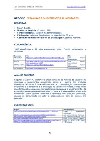 ABC-COMMERCE: O ABC do E-COMMERCE                                                    www.abc-commerce.com.br
_____________________________________________________________________________________




NEGÓCIO: VITAMINAS E SUPLEMENTOS ALIMENTARES
DESCRIÇÃO:

•    Setor: Saúde.
•    Modelo de Negócio: Comércio B2C.
•    Fonte de Receitas: Margem na comercialização.
•    Público-alvo: Atletas e fisiculturistas na faixa de 25 a 50 anos.
•    Cobertura de mercado e canais de distribuição: Cobertura nacional.


CONCORRÊNCIA:

1082 ocorrências e 24 sites encontrados para                                     “venda suplementos e
vitaminas”

Empresa             Site                                                               Obs
VITASHOP            http://www.suplementonutricional.com.br/store/index.asp            Loja              Virtual
                                                                                       especializada
E-VITA              http://www.miracula.com.br/engine/enginenew/temp300.as             Loja              Virtual
                    p?nl=evita&temp=10007                                              especializada
PRONATURAL          http://www.pronatural.com.br/default.php                           Loja              Virtual
                                                                                       especializada
VITABRASIL          http://www.vitabrasilnet.com.br/                                   Loja especializada



ANÁLISE DO SETOR:

Segundo a ABIVITA, existem no Brasil cerca de 35 milhões de usuários de
vitaminas e suplementos nutricionais, sendo a          maioria dos produtos
importados. A Internet é um excelente canal de comercialização para esse tipo
de produto e a tendência é a ampliação no volume de vendas, sendo muito
importante a observação das normas legais exigidas para o funcionamento. Já
existe alguma competição entre os sites no setor e é recomendável a busca de
diferenciais como: grande variedade e qualidade nos produtos oferecidos,
criação de comunidade de valor e relacionamento com os clientes em
potencial.


ENDEREÇOS ÚTEIS:

Página                                                                           O que contém
http://www.terra.com.br/saude/boaforma/alimentacao/2002/11/18/003.htm            Paper        -      suplementos
                                                                                 nutricionais
http://www.tribunadonorte.com.br/anteriores/010315/natal/natal5.html             Art. - consumidores vitaminas
http://members.tripod.com.br/tiocesar/index-811.html                             Art. - vitaminas só fazem bem?
http://www.corpoperfeito.com.br/produto/?p=335                                   Livro: GUIA DAS VITAMINAS
http://www.livrariacultura.com.br/scripts/cultura/resenha/resenha.asp?nitem=61   Livro: A REVOLUÇÃO DAS
5870&sid=0185652265917653228979360&k5=E1387D9&uid=                               VITAMINAS




                                                         52
 
