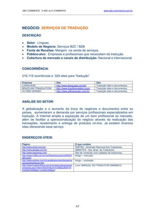 ABC-COMMERCE: O ABC do E-COMMERCE                                                      www.abc-commerce.com.br
_____________________________________________________________________________________




NEGÓCIO: SERVIÇOS DE TRADUÇÃO
DESCRIÇÃO:

•    Setor: Línguas.
•    Modelo de Negócio: Serviços B2C / B2B
•    Fonte de Receitas: Margem na venda de serviços.
•    Público-alvo: Empresas e profissionais que necessitam de tradução.
•    Cobertura de mercado e canais de distribuição: Nacional e internacional.


CONCORRÊNCIA:

216.118 ocorrências e 928 sites para “tradução”

Empresa                               Site                                       Obs
iLANGUAGE                             http://www.ilanguage.com/pt/               Tradução sites e documentos.
BRAZILIAN TRANSLATION                 http://www.braziltranslation.com/          Tradução sites e documentos.
ÚLTIMA VERSÃO                         http://www.ultimaversao.com.br/            Tradução sites e documentos.



ANÁLISE DO SETOR:

A globalização e o aumento da troca de negócios e documentos entre os
países, aumentaram a demanda por serviços profissionais especializados em
tradução. A Internet amplia a exposição de um bom profissional ao mercado,
além de facilitar a operacionalização do negócio através da realização das
transações, recebimento e entrega de produtos on-line. Já existem diversos
sites oferecendo esse serviço.


ENDEREÇOS ÚTEIS:

Página                                                     O que contém
http://www.sintra.ong.org/                                 SINTRA - Sindicato Nacional dos Tradutores.
http://www.abrates.com.br/                                 ABRATES - Ass. Bras. de Tradutores.
http://www.tradutores.com/                                 Site de conteúdo com cadastro de tradutores.
http://www1.folha.uol.com.br/folha/educacao/ult305u8       Artigo – mercado.
890.shtml
http://www.eduline.com.br/canaldoaluno/profissoes/tra      Artigo – profissão.
ducaointerpretacao.htm
http://www.livrariacultura.com.br/scripts/cultura/resenh   Livro: MANUAL DO TRADUTOR DINÂMICO
a/resenha.asp?nitem=600397&sid=01856522659176
53228979360&k5=12C0DC4D&uid=




                                                           63
 