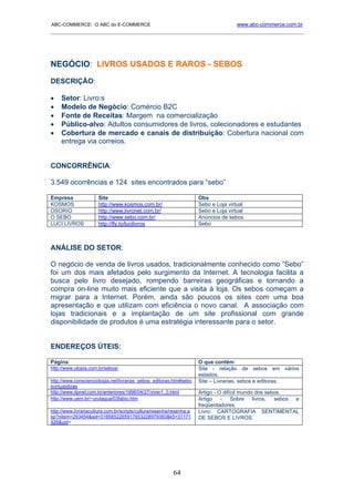 ABC-COMMERCE: O ABC do E-COMMERCE                                                     www.abc-commerce.com.br
_____________________________________________________________________________________




NEGÓCIO: LIVROS USADOS E RAROS - SEBOS
DESCRIÇÃO:

•    Setor: Livro:s
•    Modelo de Negócio: Comércio B2C
•    Fonte de Receitas: Margem na comercialização
•    Público-alvo: Adultos consumidores de livros, colecionadores e estudantes
•    Cobertura de mercado e canais de distribuição: Cobertura nacional com
     entrega via correios.


CONCORRÊNCIA:

3.549 ocorrências e 124 sites encontrados para “sebo”

Empresa               Site                                            Obs
KOSMOS                http://www.kosmos.com.br/                       Sebo e Loja virtual
OSORIO                http://www.livronet.com.br/                     Sebo e Loja virtual
O SEBO                http://www.sebo.com.br/                         Anúncios de sebos
LUCI LIVROS           http://fly.to/lucilivros                        Sebo



ANÁLISE DO SETOR:

O negócio de venda de livros usados, tradicionalmente conhecido como “Sebo”
foi um dos mais afetados pelo surgimento da Internet. A tecnologia facilita a
busca pelo livro desejado, rompendo barreiras geográficas e tornando a
compra on-line muito mais eficiente que a visita à loja. Os sebos começam a
migrar para a Internet. Porém, ainda são poucos os sites com uma boa
apresentação e que utilizam com eficiência o novo canal. A associação com
lojas tradicionais e a implantação de um site profissional com grande
disponibilidade de produtos é uma estratégia interessante para o setor.


ENDEREÇOS ÚTEIS:

Página                                                                O que contém
http://www.utopia.com.br/sebos/                                       Site - relação de sebos em vários
                                                                      estados.
http://www.conscienciologia.net/livrarias_sebos_editoras.htm#sebo     Site – Livrarias, sebos e editoras.
svirtuaisbras
http://www.dpnet.com.br/anteriores/1998/04/27/viver1_0.html           Artigo - O difícil mundo dos sebos.
http://www.uem.br/~urutagua/03fabio.htm                               Artigo - Sobre livros, sebos e
                                                                      freqüentadores.
http://www.livrariacultura.com.br/scripts/cultura/resenha/resenha.a   Livro: CARTOGRAFIA SENTIMENTAL
sp?nitem=293454&sid=0185652265917653228979360&k5=31171                DE SEBOS E LIVROS.
926&uid=




                                                          64
 