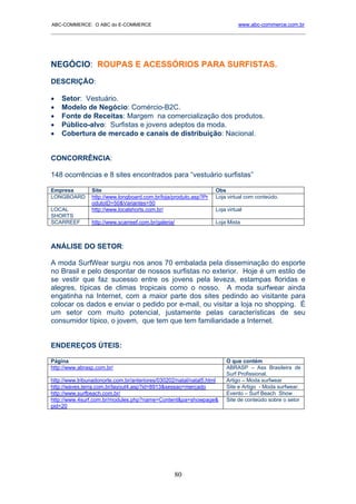 ABC-COMMERCE: O ABC do E-COMMERCE                                           www.abc-commerce.com.br
_____________________________________________________________________________________




NEGÓCIO: ROUPAS E ACESSÓRIOS PARA SURFISTAS.
DESCRIÇÃO:

•   Setor: Vestuário.
•   Modelo de Negócio: Comércio-B2C.
•   Fonte de Receitas: Margem na comercialização dos produtos.
•   Público-alvo: Surfistas e jovens adeptos da moda.
•   Cobertura de mercado e canais de distribuição: Nacional.


CONCORRÊNCIA:

148 ocorrências e 8 sites encontrados para “vestuário surfistas”

Empresa         Site                                              Obs
LONGBOARD       http://www.longboard.com.br/loja/produto.asp?Pr   Loja virtual com conteúdo.
                odutoID=50&Variantes=50
LOCAL           http://www.localshorts.com.br/                    Loja virtual
SHORTS
SCARREEF        http://www.scarreef.com.br/galeria/               Loja Mista



ANÁLISE DO SETOR:

A moda SurfWear surgiu nos anos 70 embalada pela disseminação do esporte
no Brasil e pelo despontar de nossos surfistas no exterior. Hoje é um estilo de
se vestir que faz sucesso entre os jovens pela leveza, estampas floridas e
alegres, típicas de climas tropicais como o nosso. A moda surfwear ainda
engatinha na Internet, com a maior parte dos sites pedindo ao visitante para
colocar os dados e enviar o pedido por e-mail, ou visitar a loja no shopping. É
um setor com muito potencial, justamente pelas características de seu
consumidor típico, o jovem, que tem que tem familiaridade a Internet.


ENDEREÇOS ÚTEIS:

Página                                                                 O que contém
http://www.abrasp.com.br/                                              ABRASP – Ass Brasileira de
                                                                       Surf Profissional.
http://www.tribunadonorte.com.br/anteriores/030202/natal/natal5.html   Artigo – Moda surfwear
http://waves.terra.com.br/layout4.asp?id=8913&sessao=mercado           Site e Artigo - Moda surfwear.
http://www.surfbeach.com.br/                                           Evento – Surf Beach Show
http://www.4surf.com.br/modules.php?name=Content&pa=showpage&          Site de conteúdo sobre o setor
pid=20




                                                  80
 