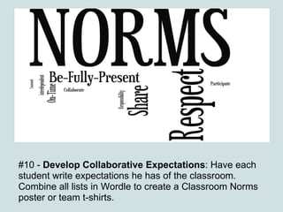 #10 -  Develop Collaborative Expectations : Have each student write expectations he has of the classroom. Combine all lists in Wordle to create a Classroom Norms poster or team t-shirts. 