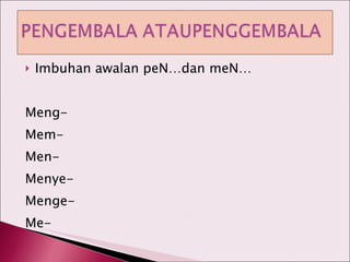 Imbuhan awalan peN…dan meN… Meng- Mem- Men- Menye- Menge- Me- 