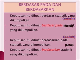 Keputusan itu dibuat berdasar statistik yang dikumpulkan. Keputusan itu dibuat  berdasar pada  statistik yang dikumpulkan. Keputusan itu dibuat berdasarkan pada statistik yang dikumpulkan. Keputusan itu dibuat  berdasarkan  statistik yang dikumpulkan. (salah) (betul) (salah) (betul) 