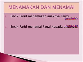 Encik Farid menamakan anaknya Fauzi. Encik Farid menamai Fauzi kepada anaknya. (salah) (salah) 