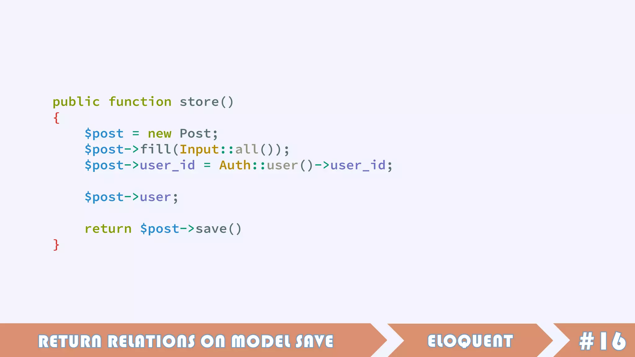 public function store()
{
$post = new Post;
$post->fill(Input::all());
$post->user_id = Auth::user()->user_id;
$post->user;
return $post->save()
}
 