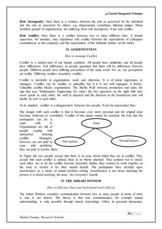 50 Essential ManagementTechniques
35 | P a g e
Shalini Pandey, Research Scholar
Issue
First person Second person
Role Incongruity: Here there is a variance between the role as perceived by the individual
and the role as perceived by others, e.g. dispassionate comedians, hilarious judges. Many
'problem people' in organizations are suffering from role incongruity if not role conflict.
Role conflict: Here there is a conflict between two or more different roles. A female
supervisor, for instance, may experience role conflict between the expectations of colleagues
(commitment to the company) and the expectations of her husband (dinner on the table).
34. ASSERTIVENESS
How to manage Conflict
Conflict is a natural part of our human condition. All people have similarities and all people
have differences. Our differences as people guarantee that there will be differences between
people. Different people have differing perceptions of the same event. For us, our perceptions
are reality. Differing realities invariably conflict.
Conflict is inevitable in organizations, work and otherwise. It is of prime importance to
managers. Conflict can be healthy or unhealthy but if it is not well managed, it festers.
Unhealthy conflict blocks organizations. The 'Berlin Wall' between production and sales; the
sign that says 'Maintenance Engineering: No entry'; the two operators on the night shift who
won't speak to each other; the staff in dispatch and the directors in the boardroom who will
hardly be civil to each other.
At its simplest, conflict is a disagreement between two people. It can be represented thus:
The danger with such conflict is that it becomes ever more personal and the original issue
becomes irrelevant or overridden. Conflict of this nature cannot be resolved; the best that the
participants can do is
cope with it.
Organizations are full of
people coping with
unresolved festering
conflict. Managers,
however, are not paid to
cope with problems;
they are paid to resolve them.
In Figure the two people accept that there is an issue about which they are in conflict. They
accept that such conflict is natural; there is no blame attached. They contract not to attack
each other, not to let the conflict become 'personal'; further, they contract to work together on
the issue to resolve it for their mutual benefit. The participants have decided upon
assertiveness as a mode of mutual problem solving. Assertiveness is not about attacking the
person; it is about resolving the issue -for everyone's benefit.
35. THE JOHARI WINDOW
How to find out what your best friend won't tell you
The Johari Window considers communication between two or more people in terms of what
is and is not shared. The theory is that true communication, for example mutual
understanding, is only possible through shared knowledge. Often, in personal interaction,
 