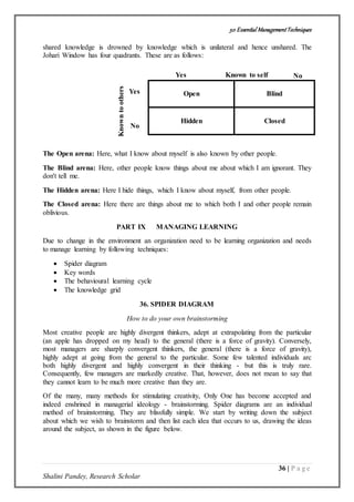 50 Essential ManagementTechniques
36 | P a g e
Shalini Pandey, Research Scholar
shared knowledge is drowned by knowledge which is unilateral and hence unshared. The
Johari Window has four quadrants. These are as follows:
Open Blind
Hidden Closed
The Open arena: Here, what I know about myself is also known by other people.
The Blind arena: Here, other people know things about me about which I am ignorant. They
don't tell me.
The Hidden arena: Here I hide things, which I know about myself, from other people.
The Closed arena: Here there are things about me to which both I and other people remain
oblivious.
PART IX MANAGING LEARNING
Due to change in the environment an organization need to be learning organization and needs
to manage learning by following techniques:
 Spider diagram
 Key words
 The behavioural learning cycle
 The knowledge grid
36. SPIDER DIAGRAM
How to do your own brainstorming
Most creative people are highly divergent thinkers, adept at extrapolating from the particular
(an apple has dropped on my head) to the general (there is a force of gravity). Conversely,
most managers are sharply convergent thinkers, the general (there is a force of gravity),
highly adept at going from the general to the particular. Some few talented individuals arc
both highly divergent and highly convergent in their thinking - but this is truly rare.
Consequently, few managers are markedly creative. That, however, does not mean to say that
they cannot learn to be much more creative than they are.
Of the many, many methods for stimulating creativity, Only One has become accepted and
indeed enshrined in managerial ideology - brainstorming. Spider diagrams are an individual
method of brainstorming. They are blissfully simple. We start by writing down the subject
about which we wish to brainstorm and then list each idea that occurs to us, drawing the ideas
around the subject, as shown in the figure below.
Known to self
Knowntoothers
Yes
Yes
No
No
 