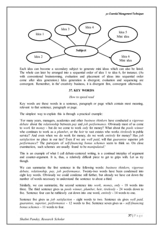 50 Essential ManagementTechniques
37 | P a g e
Shalini Pandey, Research Scholar
Each idea can become a secondary subject to generate mini ideas which can also be listed.
The whole can later be arranged into a sequential order of idea 1 to idea 6, for instance. (As
with conventional brainstorming, evaluation and placement of ideas into sequential order
come after idea generation.) Idea generation is divergent; evaluation and sequencing are
convergent. Remember, in the' creativity business, it is divergent first, convergent afterwards.
37. KEY WORDS
How to speed read
Key words are those words in a sentence, paragraph or page which contain most meaning,
relevant to that sentence, paragraph or page.
The simplest way to explain this is through a practical example:
`For many years, managers, academics and other business thinkers have conducted a vigorous
debate about the relationship between pay and job performance. Obviously most of us come
to work for money - but do we come to work only for money? What about the pools winner
who continues to work as a plumber, or the heir to vast estates who works tirelessly in public
service? And even when we do work for money, do we work entirely for money? Has job
satisfaction no place in our ties? Even if we are well paid, will that guarantee superior job
performance? The purveyors of self-financing bonus schemes seem to think so. On close
examination, such schemes are usually found to be manipulated.'
This is an example of what I call debate-centered writing, is a continual interplay of argument
and counter-argument. It is, thus, a relatively difficult piece to get to grips with. Let us try
though.
We can summarize the first sentence in the following words: business thinkers, vigorous
debate, relationship, pay, job performance. Twenty-two words have been condensed into
eight key words. Obviously we could condense still further, but already we have cut down the
number of words necessary to understand the sentence to about a third.
Similarly, we can summarize, the second sentence into work, money, only - 18 words into
three. The third sentence gives us pools winner, plumber, heir, tirelessly - 24 words down to
five. Sentence four can he ruthlessly cut down into one word, entirely - 14 words to one.
Sentence five gives us job satisfaction - eight words to two. Sentence six gives well paid,
guarantee, superior, performance - 12 words to five. Sentence seven gives us - self-financing
bonus schemes - 11 words to four.
Subject
Idea 1
Idea 2
Idea 3
Idea 4
Idea 5
Mini idea
Idea 6
Mini idea
 