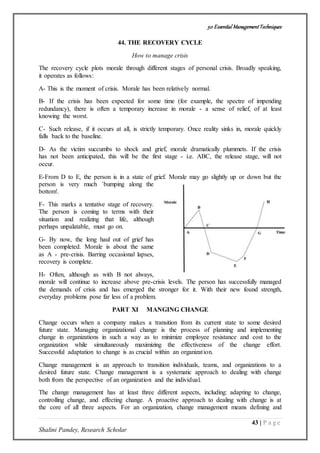 50 Essential ManagementTechniques
43 | P a g e
Shalini Pandey, Research Scholar
44. THE RECOVERY CYCLE
How to manage crisis
The recovery cycle plots morale through different stages of personal crisis. Broadly speaking,
it operates as follows:
A- This is the moment of crisis. Morale has been relatively normal.
B- If the crisis has been expected for some time (for example, the spectre of impending
redundancy), there is often a temporary increase in morale - a sense of relief, of at least
knowing the worst.
C- Such release, if it occurs at all, is strictly temporary. Once reality sinks in, morale quickly
falls back to the baseline.
D- As the victim succumbs to shock and grief, morale dramatically plummets. If the crisis
has not been anticipated, this will be the first stage - i.e. ABC, the release stage, will not
occur.
E-From D to E, the person is in a state of grief. Morale may go slightly up or down but the
person is very much `bumping along the
bottom'.
F- This marks a tentative stage of recovery.
The person is coming to terms with their
situation and realizing that life, although
perhaps unpalatable, must go on.
G- By now, the long haul out of grief has
been completed. Morale is about the same
as A - pre-crisis. Barring occasional lapses,
recovery is complete.
H- Often, although as with B not always,
morale will continue to increase above pre-crisis levels. The person has successfully managed
the demands of crisis and has emerged the stronger for it. With their new found strength,
everyday problems pose far less of a problem.
PART XI MANGING CHANGE
Change occurs when a company makes a transition from its current state to some desired
future state. Managing organizational change is the process of planning and implementing
change in organizations in such a way as to minimize employee resistance and cost to the
organization while simultaneously maximizing the effectiveness of the change effort.
Successful adaptation to change is as crucial within an organization.
Change management is an approach to transition individuals, teams, and organizations to a
desired future state. Change management is a systematic approach to dealing with change
both from the perspective of an organization and the individual.
The change management has at least three different aspects, including: adapting to change,
controlling change, and effecting change. A proactive approach to dealing with change is at
the core of all three aspects. For an organization, change management means defining and
 