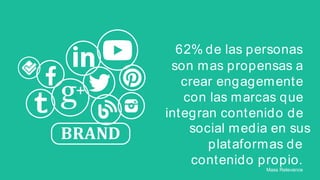 BRAND

62% de las personas
son mas propensas a
crear engagement
con las marcas que
integran contenido de
social media en sus
plat aformas de
contenido propio.
Mass Relevance

 