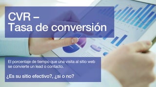 CVR –
Tasa de conversión
El porcentaje de tiempo que una visita al sitio web
se convierte un lead o contacto.
¿Es su sitio efectivo?, ¿si o no?
 