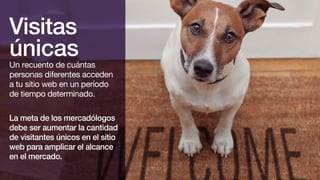 Visitas
únicas
Un recuento de cuántas
personas diferentes acceden
a tu sitio web en un período
de tiempo determinado.
La meta de los mercadólogos
debe ser aumentar la cantidad
de visitantes únicos en el sitio
web para amplicar el alcance
en el mercado.
 