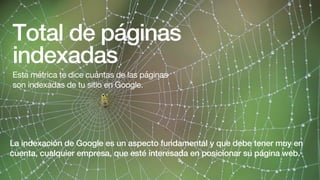 Total de páginas
indexadas
Esta métrica te dice cuántas de las páginas
son indexadas de tu sitio en Google.
La indexación de Google es un aspecto fundamental y que debe tener muy en
cuenta, cualquier empresa, que esté interesada en posicionar su página web.
 