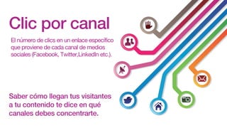 Clic por canal
El número de clics en un enlace específico
que proviene de cada canal de medios
sociales (Facebook, Twitter,LinkedIn etc.).
Saber cómo llegan tus visitantes
a tu contenido te dice en qué
canales debes concentrarte.
 
 