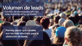 Volumen de leads
Permite saber qué canales
son los más efectivos para la
obtención de leads.
Cantidad de clientes potenciales que
estás recibiendo de las campañas.
 