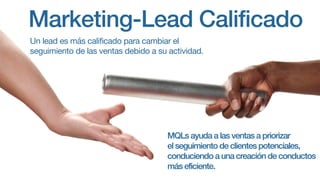 Un lead es más calificado para cambiar el
seguimiento de las ventas debido a su actividad.
MQLs ayuda a las ventas a priorizar
el seguimiento de clientes potenciales,
conduciendo a una creación de conductos
más eficiente.
Marketing-Lead Calificado
 