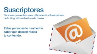 Suscriptores
Estas personas te han hecho
saber que desean recibir
tu contenido.
Personas que reciben automáticamente actualizaciones
de tu blog, sitio web o lista de correo.
 