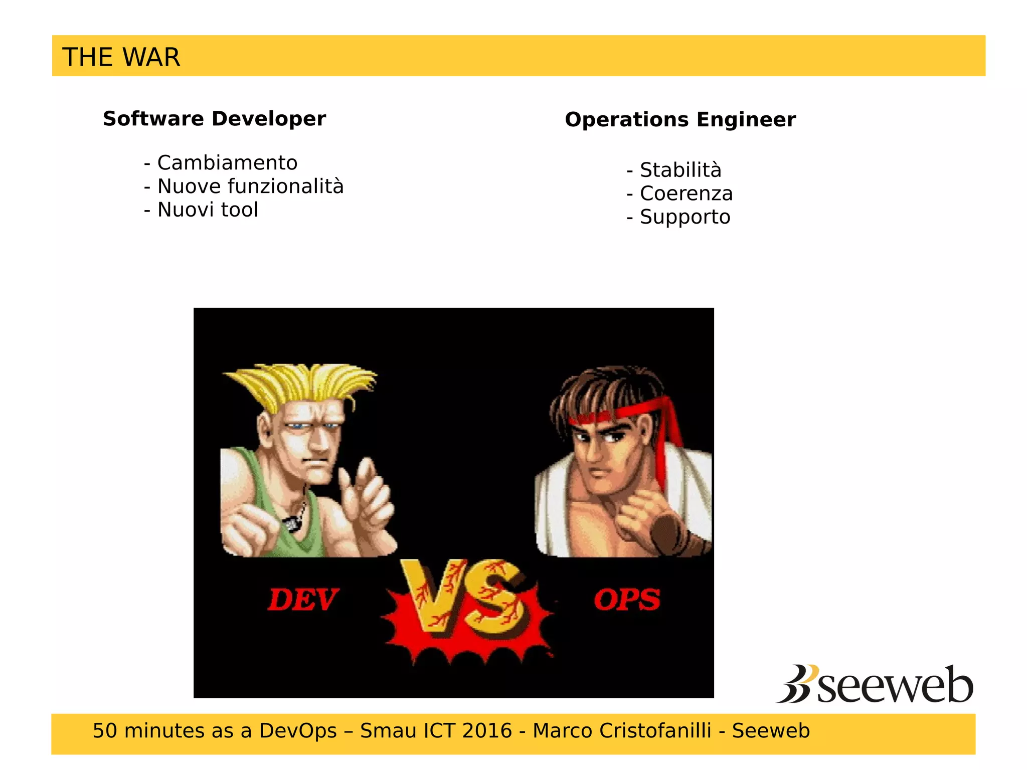 Software Developer Operations Engineer
- Cambiamento
- Nuove funzionalità
- Nuovi tool
- Stabilità
- Coerenza
- Supporto
THE WAR (1/2)THE WAR
50 minutes as a DevOps – Smau ICT 2016 - Marco Cristofanilli - Seeweb
 