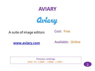 AVIARY


A suite of image editors                Cost: Free


   www.aviary.com                       Available: Online



                     Previous rankings
            2010: 75= | 2009: - | 2008: - | 2007: -
                                                            2
 